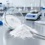 Allantoin Powder, Fine white crystalline allantoin powder on a stainless steel laboratory bench with glass beakers.