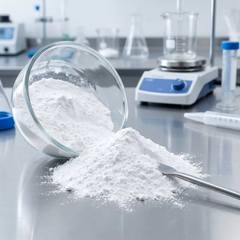 Allantoin Powder Allantoin Powder, Fine white crystalline allantoin powder on a stainless steel laboratory bench with glass beakers.