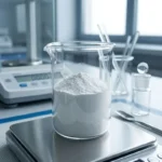 Alpha Arbutin powder for cosmetic formulation is shown in a clear glass beaker on an analytical laboratory balance, illustrating precise measurement of the water-soluble pigment inhibitor.