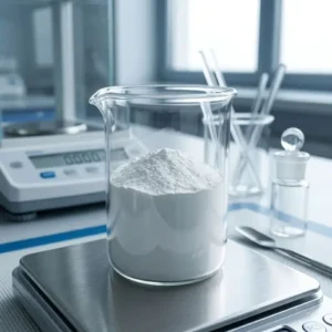 Alpha Arbutin powder for cosmetic formulation is shown in a clear glass beaker on an analytical laboratory balance, illustrating precise measurement of the water-soluble pigment inhibitor.