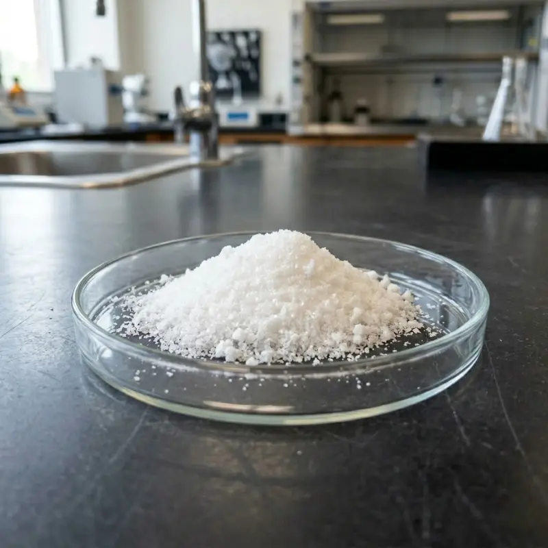 Betaine Powder on a Petri dish. A pure white, crystalline pile of Betaine Powder presented on a clear glass Petri dish for close inspection in a laboratory setting.