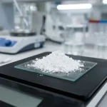 Pure white Giga White powder piled on a glass weighing plate on a digital laboratory scale in a professional lab setting.