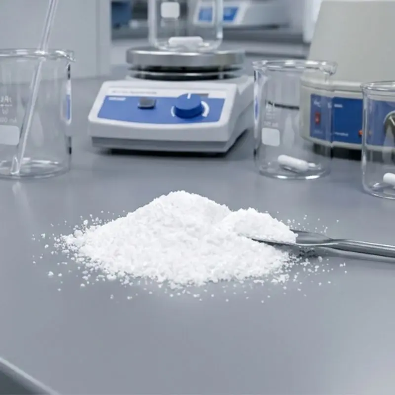 Kojic Acid Dipalmitate Powder Kojic Acid Dipalmitate Powder on a laboratory workbench surrounded by professional formulation equipment and glassware.