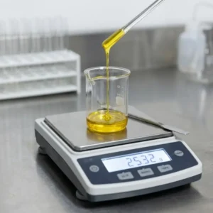 Retinyl Palmitate- Raw Retinyl Palmitate oil being measured on a precision laboratory scale.