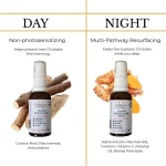 Educational split-screen graphic showing the Chubaba Day Serum for daylight protection and the Chubaba Night Serum for overnight resurfacing.