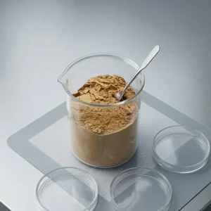 10:1 Bamboo Leaf Extract powder in a glass lab beaker with a stainless steel spatula on a professional metal workstation.