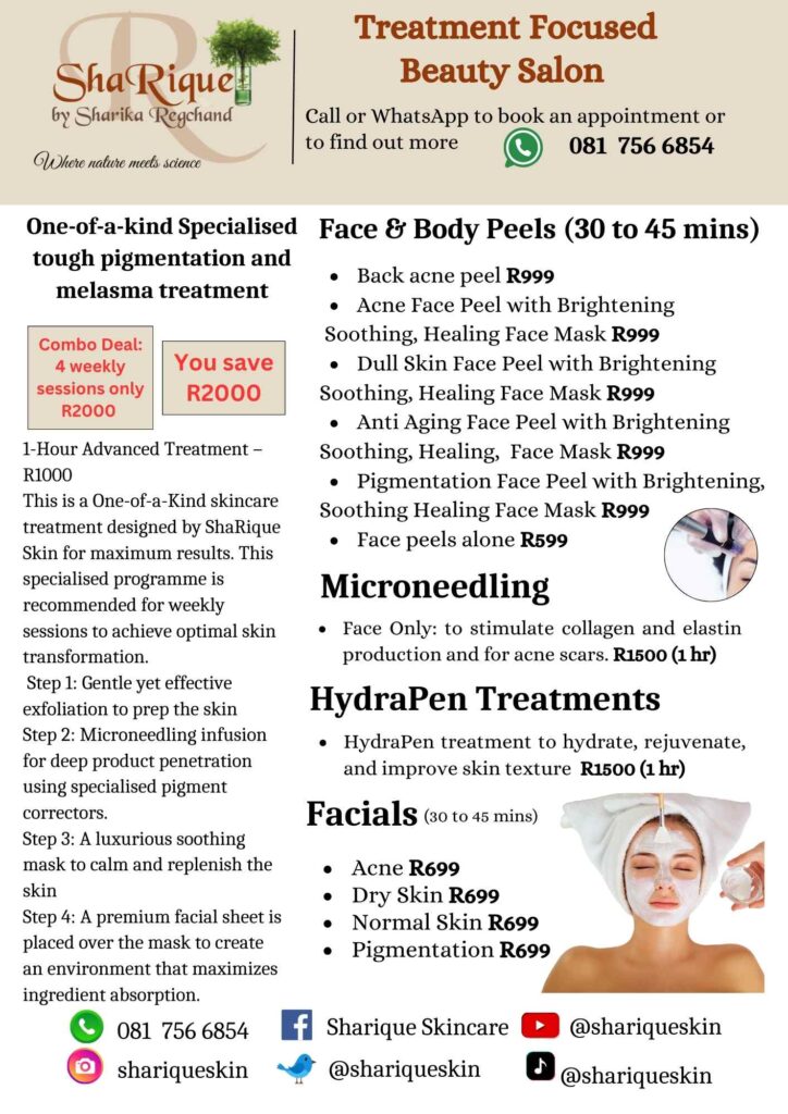 Skin treatment menu