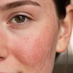 Clinical macro shot of compromised skin barrier and reactive inflammation on South African skin types.