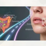 Why is my hormonal acne so persistent?Diagram of the Gut-Skin Axis showing how internal inflammatory cytokines and systemic inflammation trigger the mTOR pathway, leading to excess sebum, damaged skin barrier, and hormonal acne breakouts.