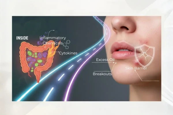 Why is my hormonal acne so persistent?Diagram of the Gut-Skin Axis showing how internal inflammatory cytokines and systemic inflammation trigger the mTOR pathway, leading to excess sebum, damaged skin barrier, and hormonal acne breakouts.