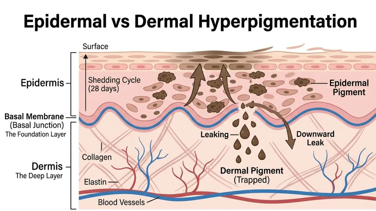 Cross-section diagram of skin showing the difference between epidermal and dermal hyperpigmentation, illustrating the 28-day shedding cycle and pigment leaking through the basal membrane.