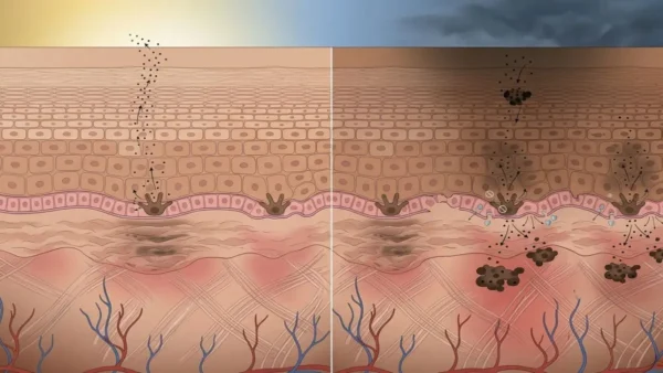 Epidermal vs Dermal Hyperpigmentation-detailed horizontal scientific diagram illustrating the biological difference between epidermal hyperpigmentation (pigment on the surface) and dermal hyperpigmentation (trapped pigment).
