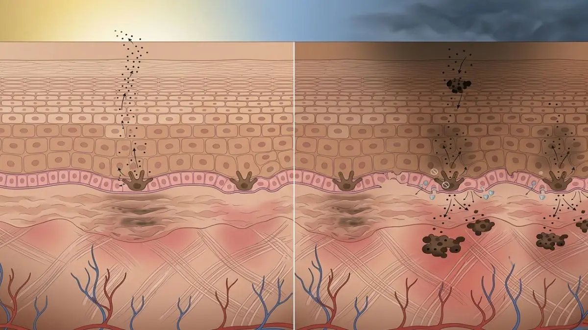 Epidermal vs Dermal Hyperpigmentation-detailed horizontal scientific diagram illustrating the biological difference between epidermal hyperpigmentation (pigment on the surface) and dermal hyperpigmentation (trapped pigment).