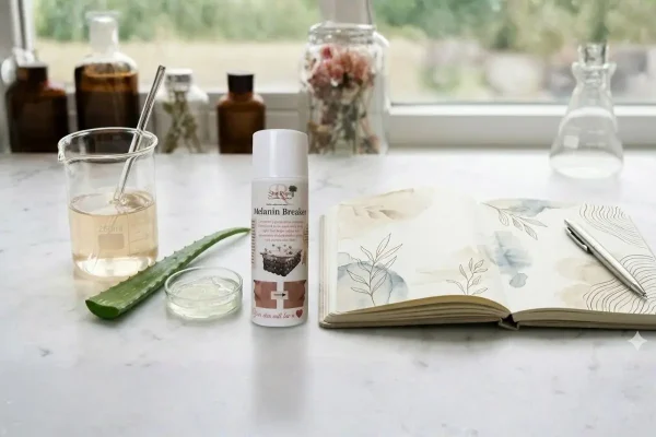 Melasma and Hyperpigmentation: Causes, Treatments, and How to Fade Dark Patches, Melasma Treatment Science: Formulator’s Laboratory Flat Lay for ShaRique Skin Melanin Breaker