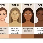 The Fitzpatrick Skin Phototype Scale showing skin types I through VI and their clinical reactions to UV exposure, used to determine hyperpigmentation risks.
