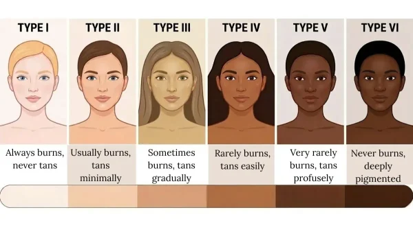 The Fitzpatrick Skin Phototype Scale showing skin types I through VI and their clinical reactions to UV exposure, used to determine hyperpigmentation risks.