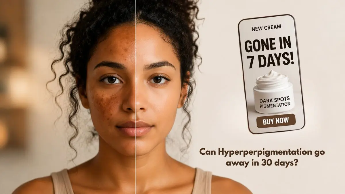 How Long Does It Take for Hyperpigmentation to Fade?- Investigative split-screen of a woman's face comparing realistic hyperpigmentation treatment against a "7-day" miracle cream advertisement on a smartphone.