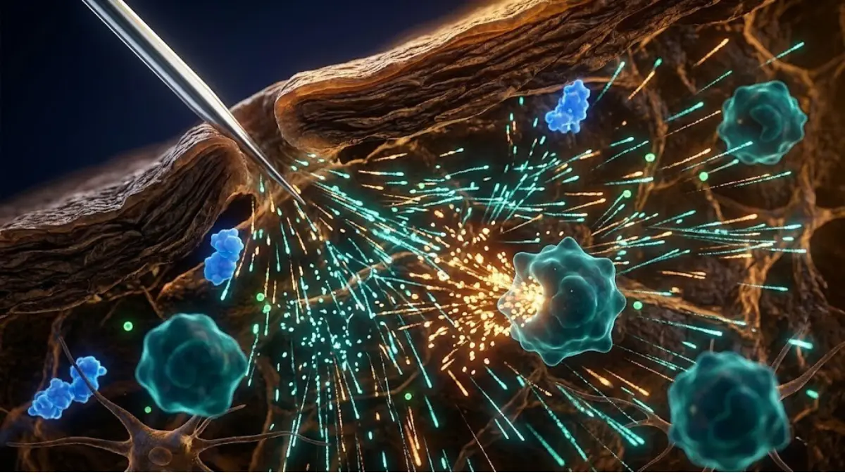 Microneedling Healing Stages 2 Microneedling Healing Stages 2 Day 1 inflammatory signaling in the dermis following microneedling, with macrophages releasing cytokines (Interleukin-1, TNF-α).