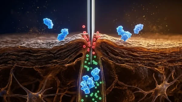 Microneedling Healing Stages. Cross-section of a microneedle bypassing the skin barrier and 500-Dalton Rule.