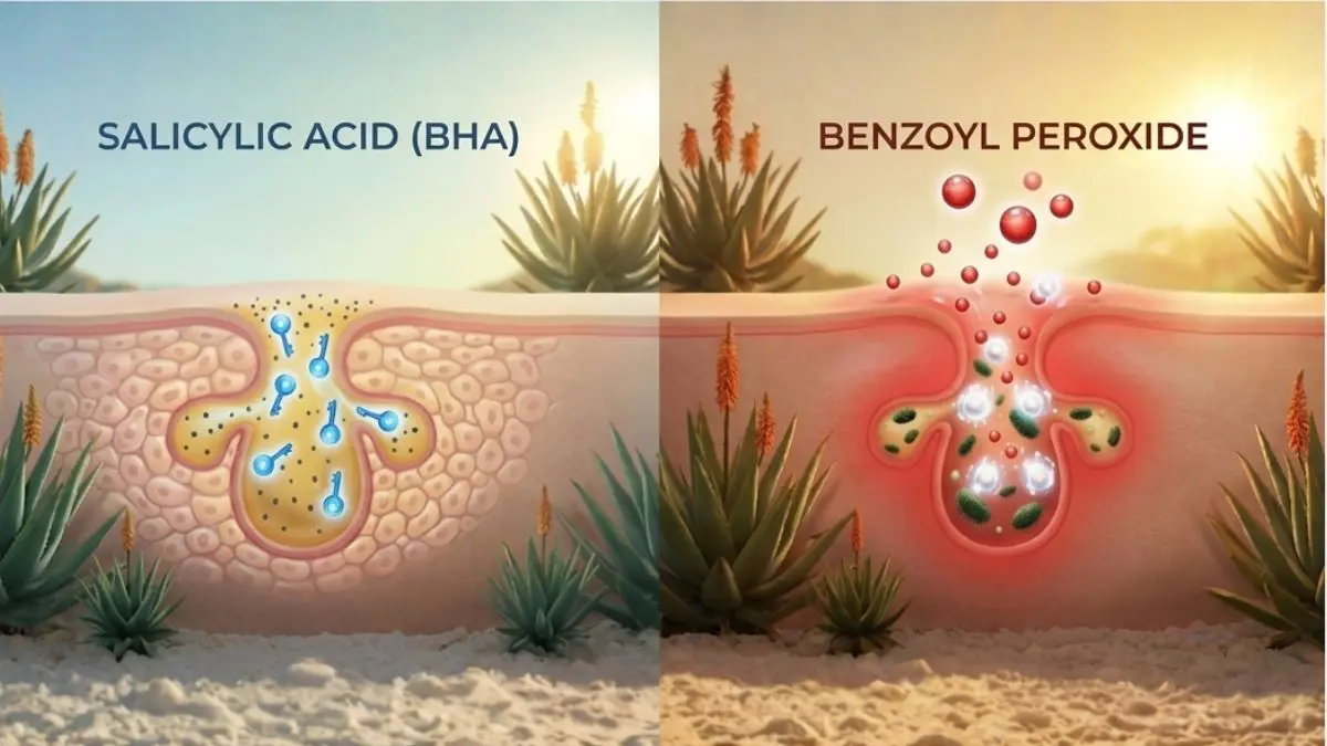 Salicylic Acid vs Benzoyl Peroxide | The SA Guide, Clinical cross-section of a skin pore showing Salicylic Acid (BHA) dissolving sebum vs Benzoyl Peroxide oxygenating bacteria.