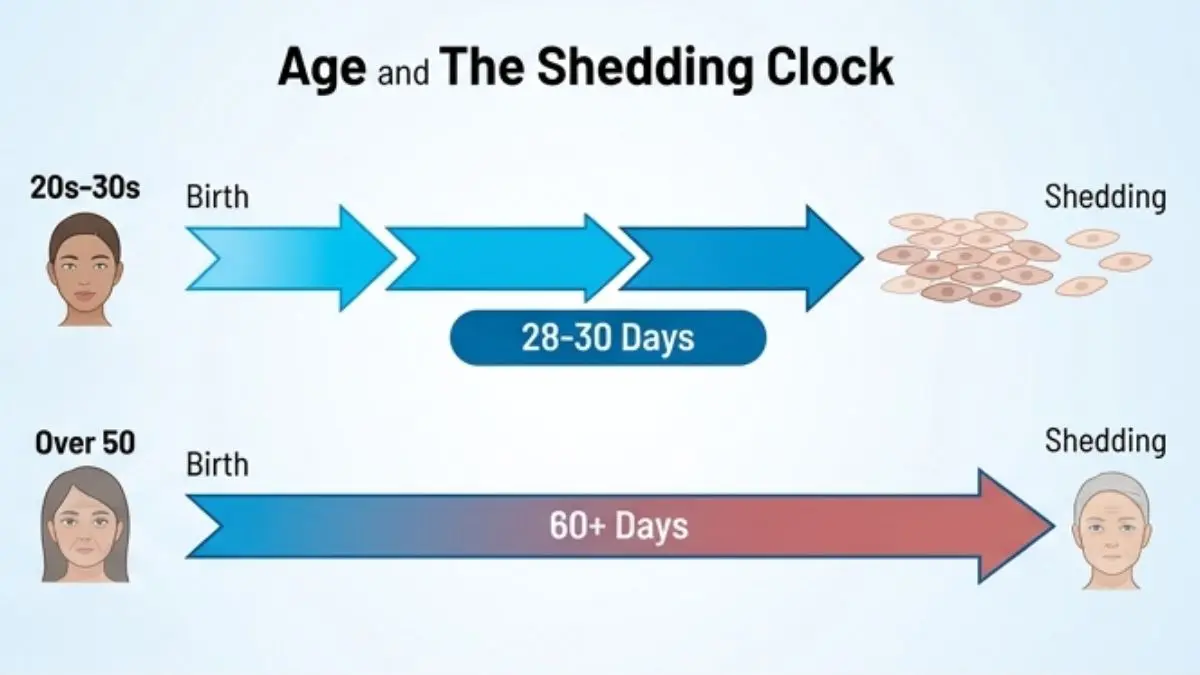 A diagram comparing skin cell turnover in younger vs. older skin, showing a 28-day cycle for ages 20–30 and a 60-day cycle for those over 50.