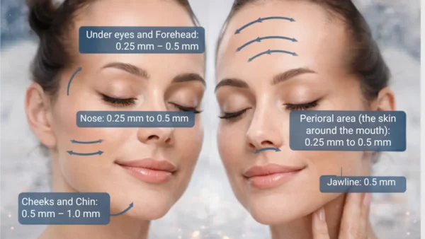 What Microneedling Needles to Use on Face diagram showing safe depths: 0.25 mm for eyes/forehead, 0.5 mm for jawline, and up to 1.0 mm for cheeks.