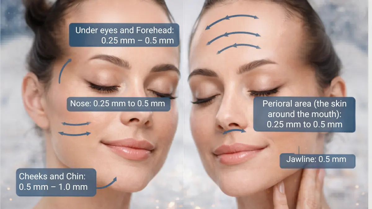 What Microneedling Needles to Use on Face diagram showing safe depths: 0.25 mm for eyes/forehead, 0.5 mm for jawline, and up to 1.0 mm for cheeks.