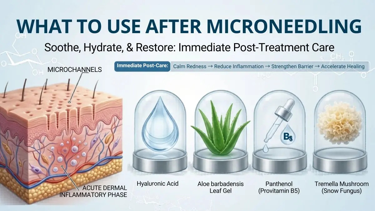 What to Apply After Microneedling: Infographic of post-microneedling aftercare ingredients featuring a skin cross-section and botanical actives.