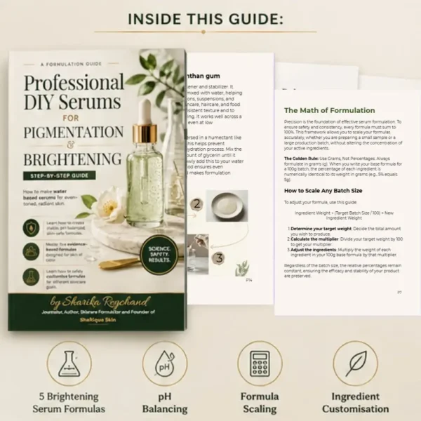 A detailed page from the Professional DIY Serums for Pigmentation & Brightening guide, displaying the ingredient list and step-by-step instructions for formulating a 5% Niacinamide and 2% Alpha Arbutin brightening serum.