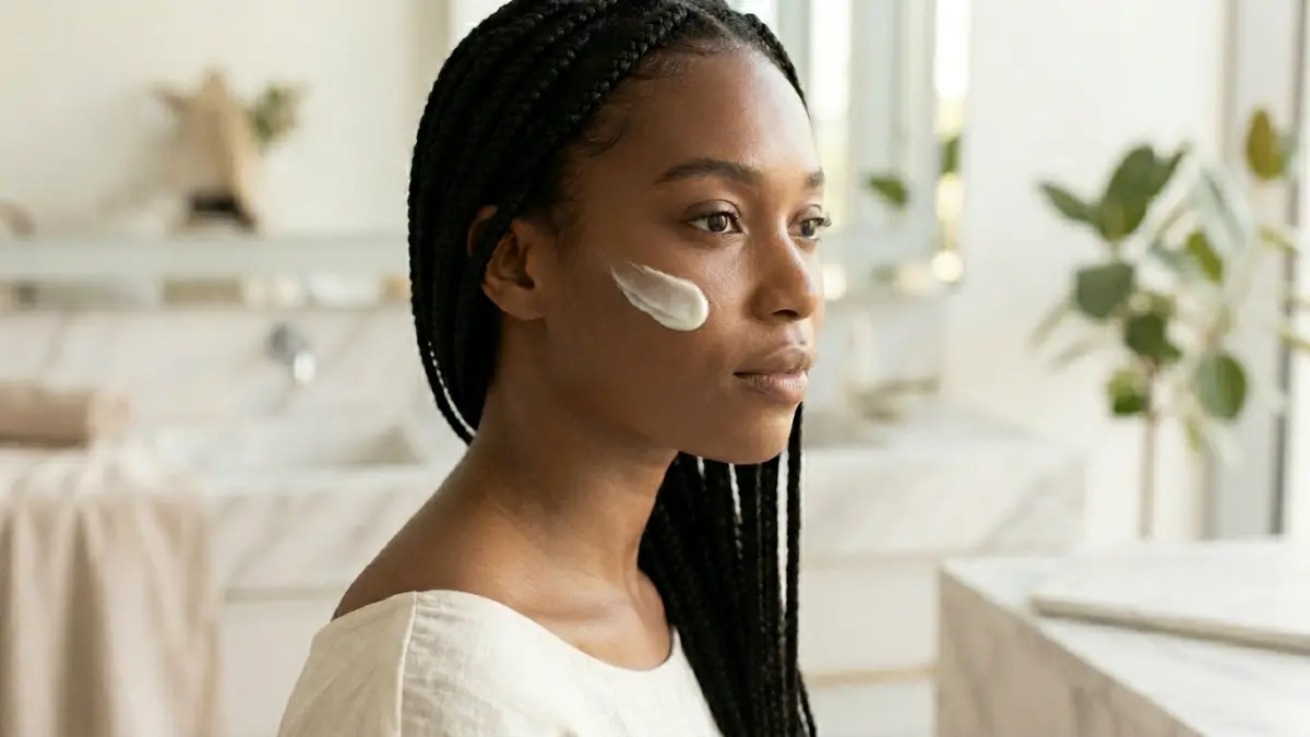 Woman with dark skin applying gentle cream to face in wellness setting.