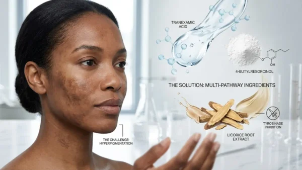 What to Use for Hyperpigmentation: Floating lab active ingredients alongside a portrait of a Black woman with melasma.