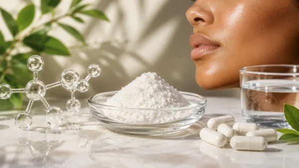 L-Glutathione Benefits for Skin – powder, capsules and glowing skin illustrating skin brightening and antioxidant benefits.