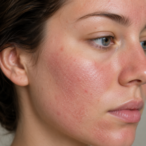 Close-up of red, sensitive skin with dryness