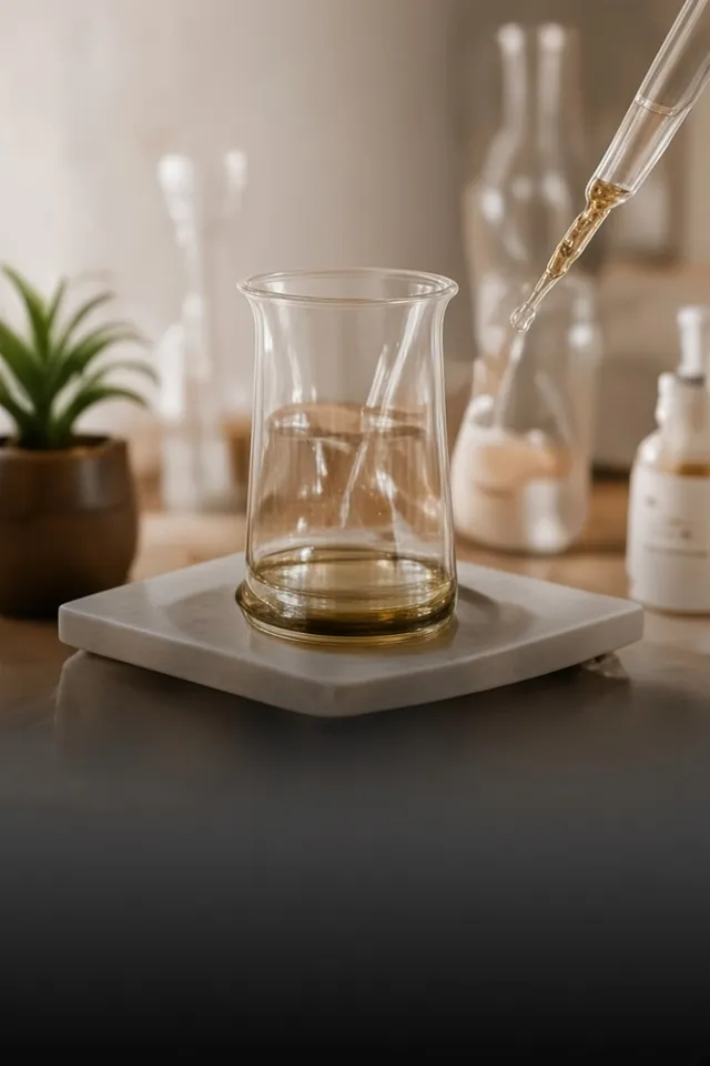 Custom skincare formulation with beaker and dropper in the ShaRique Skin lab