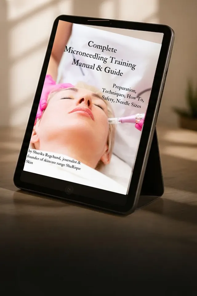 ShaRique Digital Hub skincare ebooks and formulation guides on a tablet