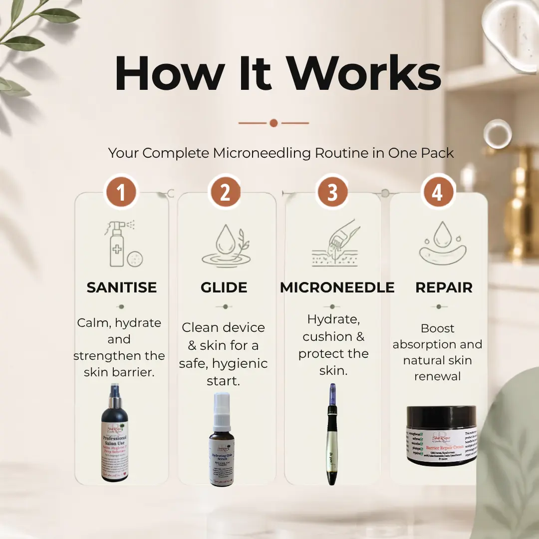 Microneedling Starter Pack 4-step routine — sanitise, glide, microneedle and repair.