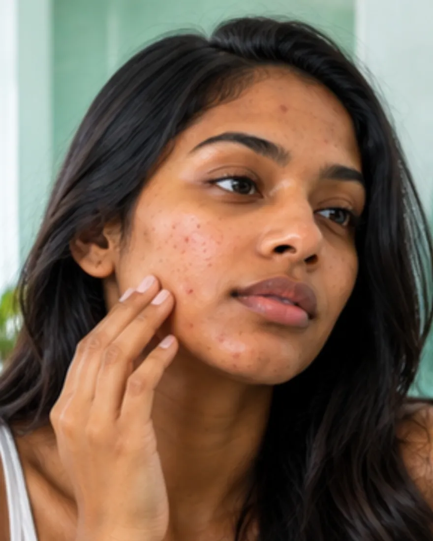Active acne breakouts on the cheek showing the stages of a pimple