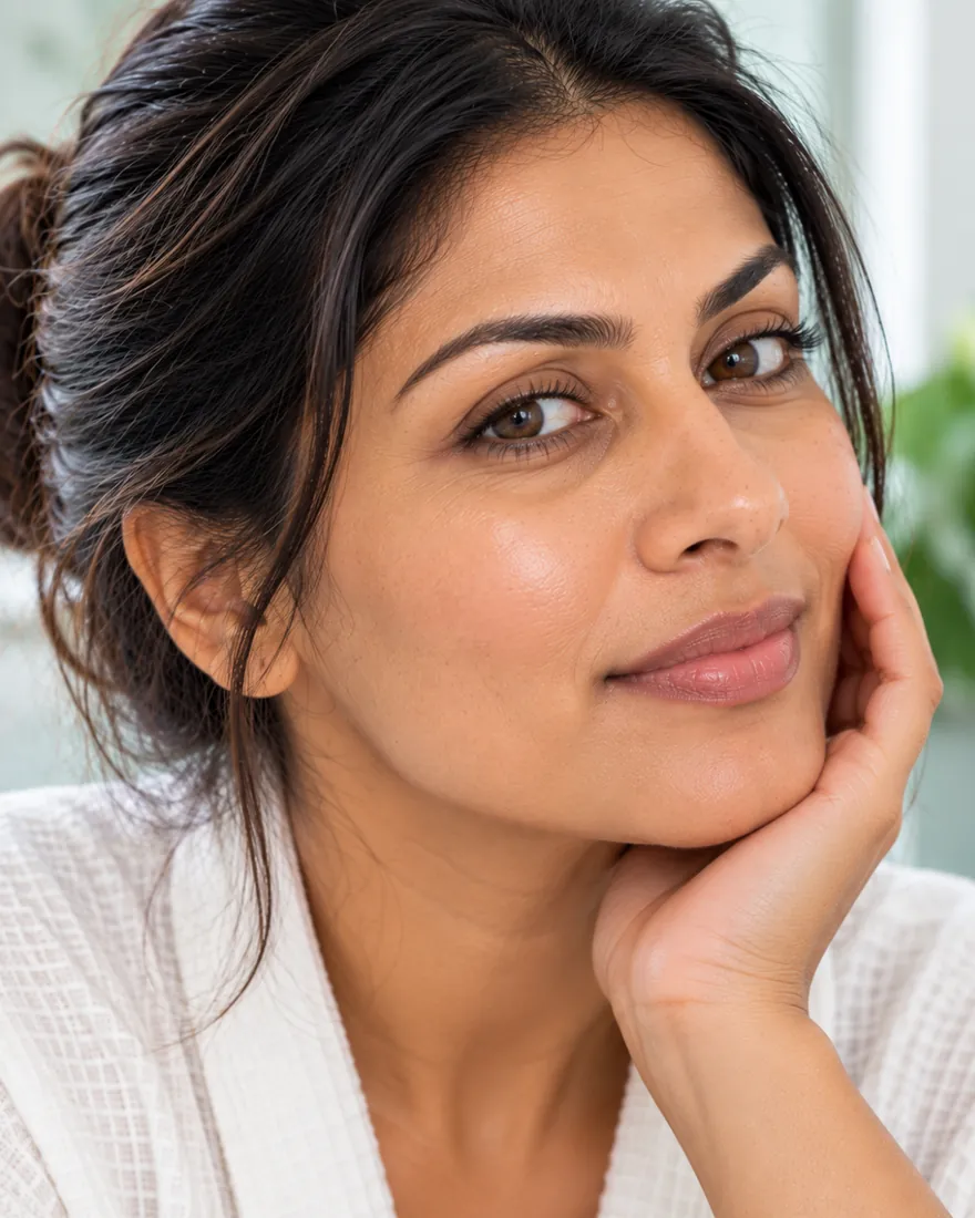 Woman with clear, healthy skin after acne treatment for oily, acne-prone skin