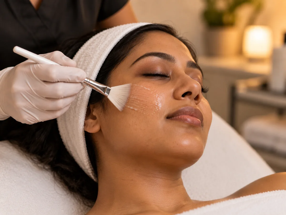 Professional acid peel application on melanin-rich skin