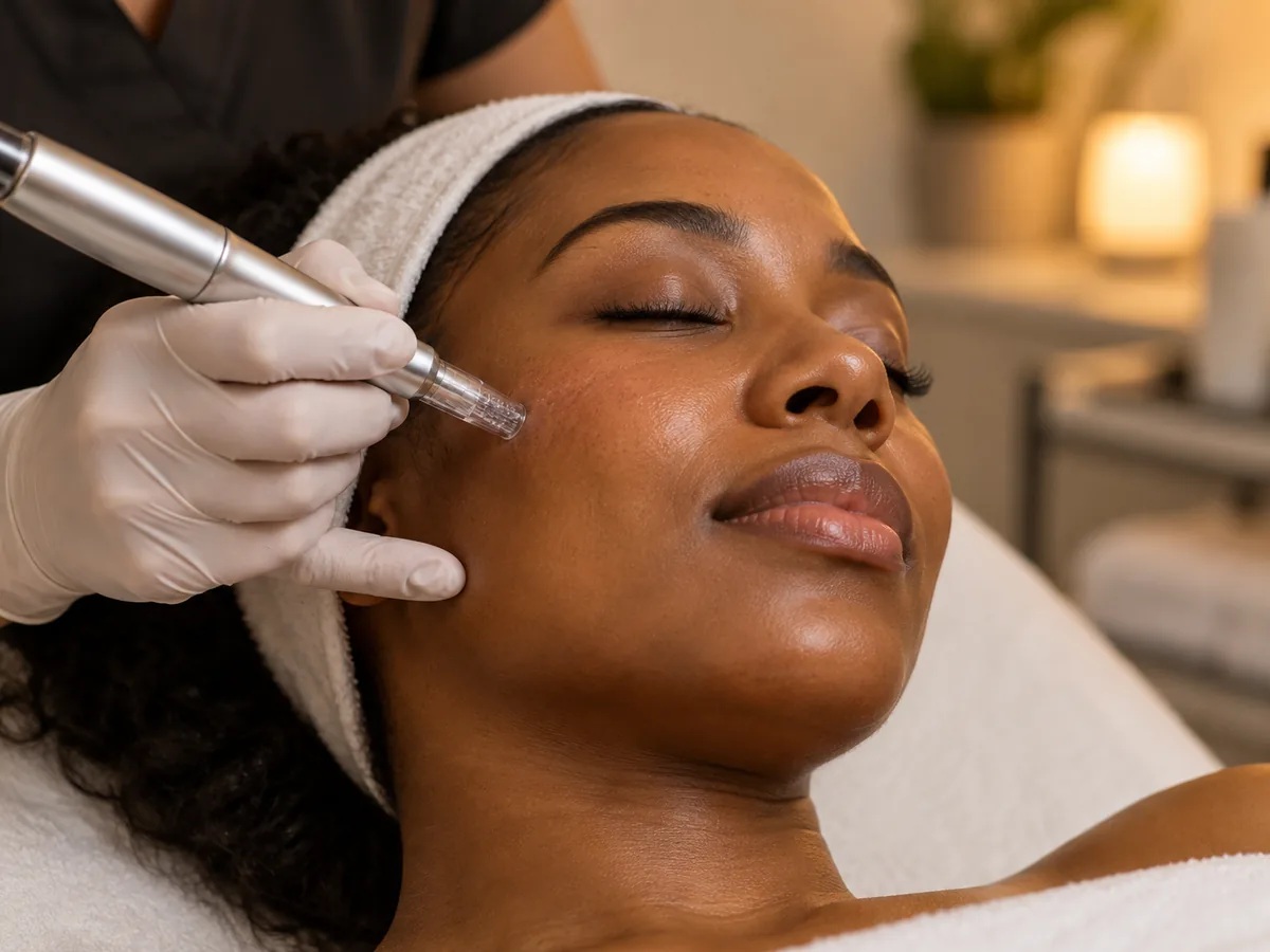 Professional microneedling treatment on melanin-rich skin