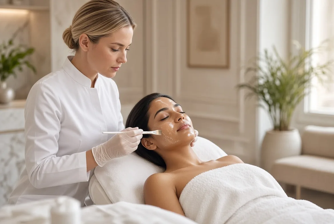 Client with calm, healthy, glowing skin relaxing after a professional chemical peel