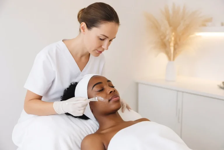 Skincare therapist applying a chemical peel with a brush during a professional facial treatment