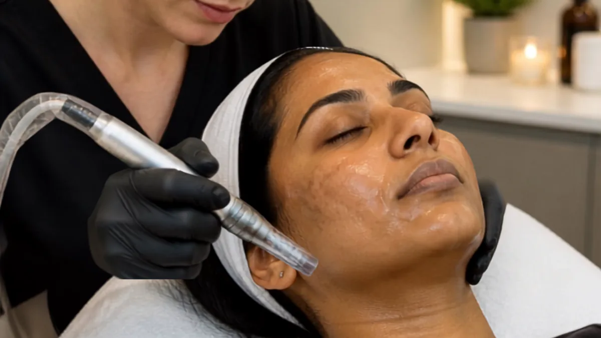 Close-up of microneedling with tranexamic acid on the skin