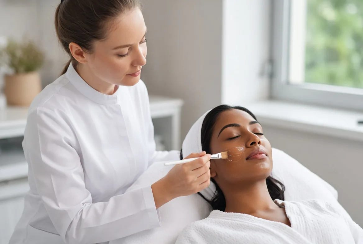 Professional applying a chemical peel to a client's cheek in a calm salon setting