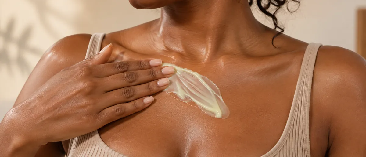 Smoothing retinol body cream over the décolletage and chest