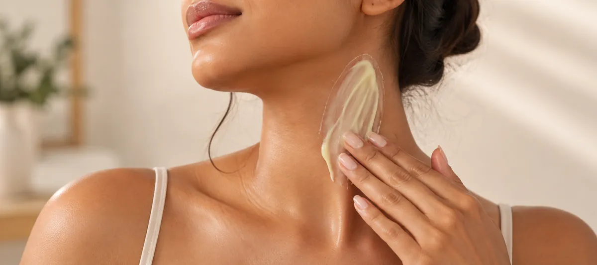 Massaging retinol body cream into the neck to firm the skin