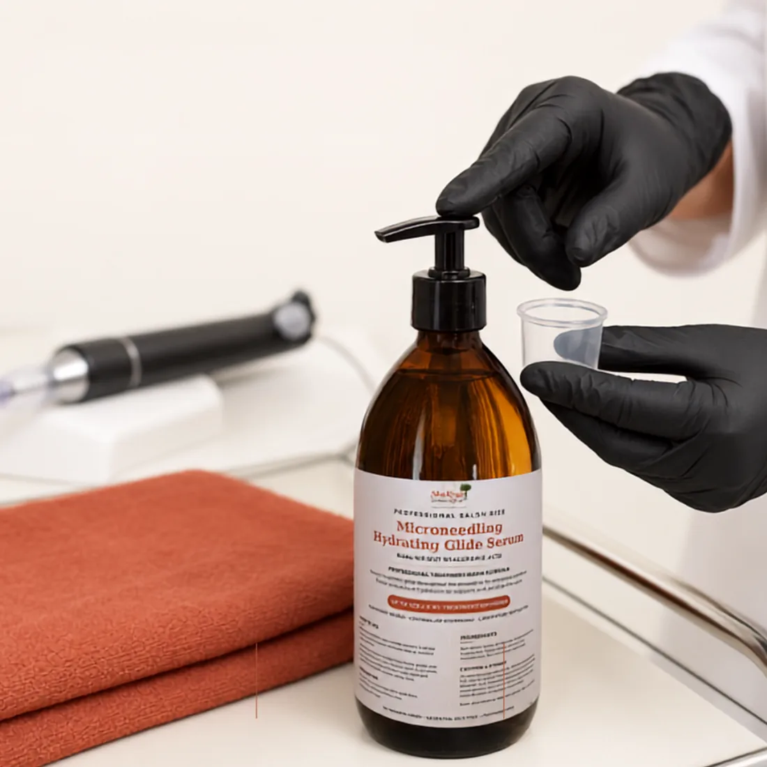 Professional microneedling glide serum being decanted for a salon treatment